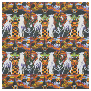 White Witch Kat Ghosts Pumpkins Halloween Stof
