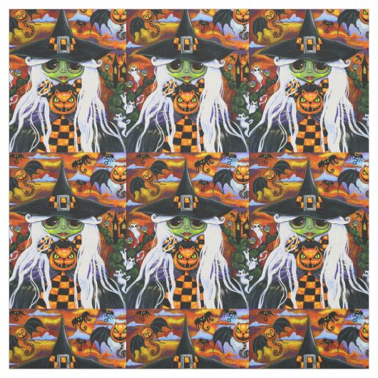 White Witch Kat Ghosts Pumpkins Halloween Stof (Swatch)