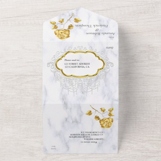 White with Gold lace and Roses All In One Uitnodiging (Buitenkant)