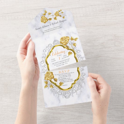 White with Gold lace and Roses All In One Uitnodiging (Afscheurbaar)