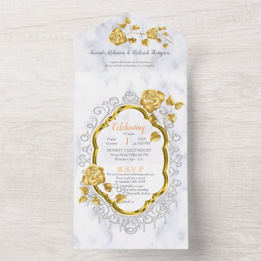 White with Gold lace and Roses All In One Uitnodiging (Binnen)