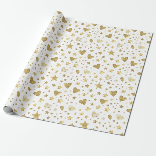 White With Gold Sparkle Hearts Cadeaupapier (Uitgerold)