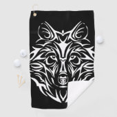 White Wolf Head op Black Golfhanddoek (Insitu)