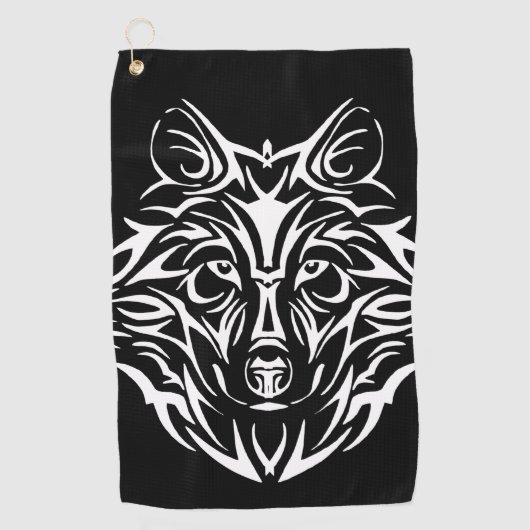 White Wolf Head op Black Golfhanddoek (Voorkant)