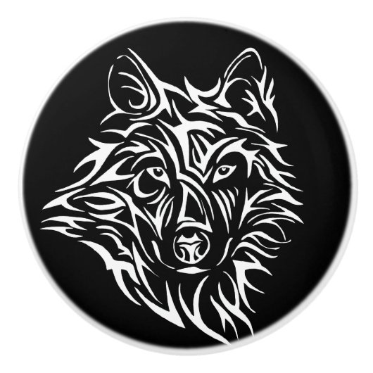 White Wolf Head op Black Keramische Knop (Voorkant)