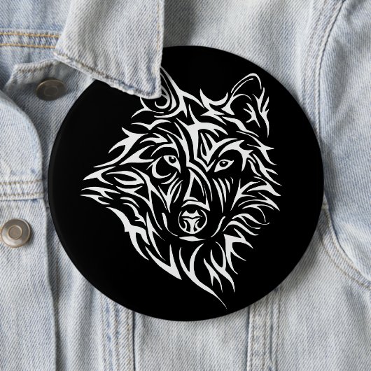 White Wolf Head op Black Ronde Button 6,0 Cm (In situ)