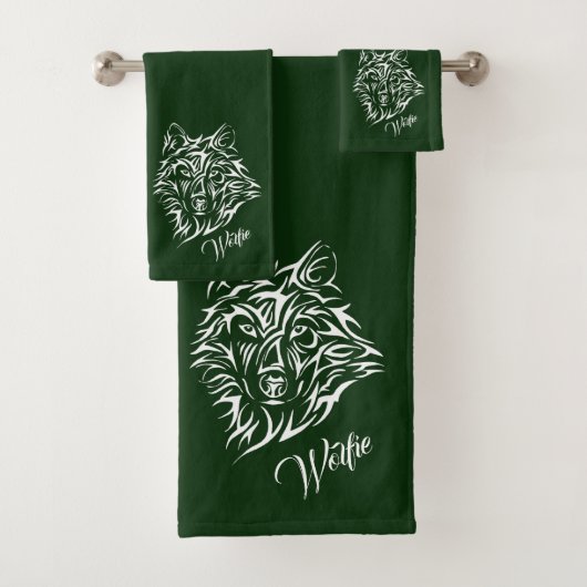 White Wolf Head op Green Personal Bath Towel Set Bad Handdoek (Insitu)