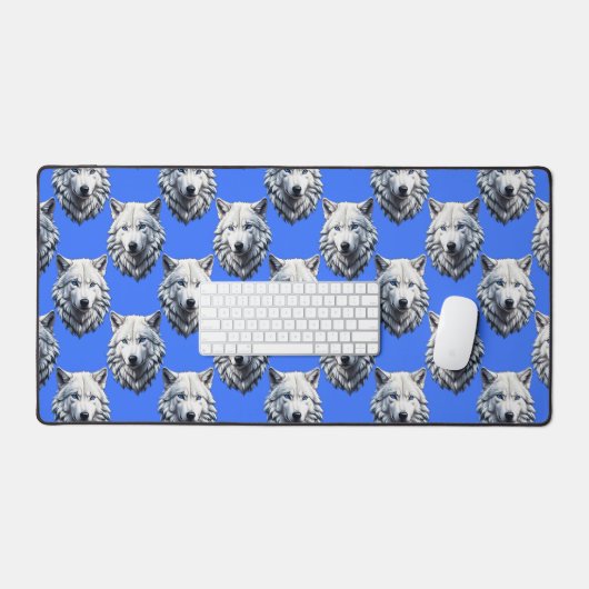 White Wolf Head Pattern Design Blauw Bureaumat (Keyboard & Muis)