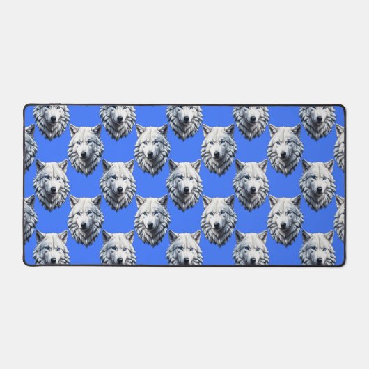 White Wolf Head Pattern Design Blauw Bureaumat (Voorkant)