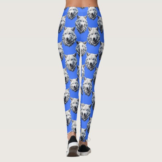 White Wolf Head Pattern Design Blauw Leggings (Achterkant)