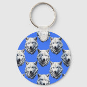 White Wolf Head Pattern Design Blauw Sleutelhanger (Voorkant)
