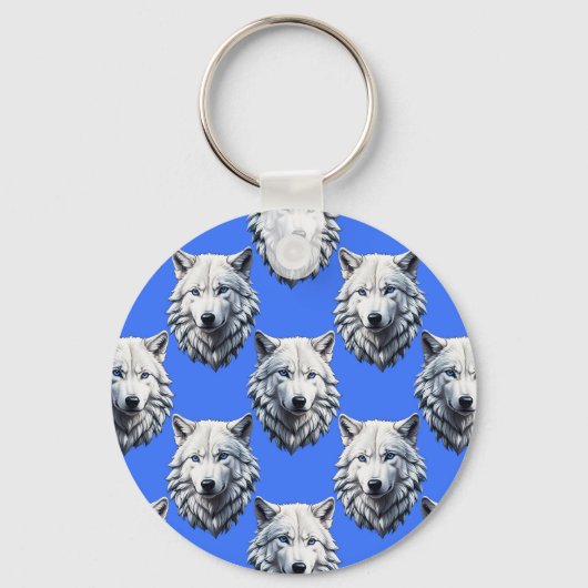 White Wolf Head Pattern Design Blauw Sleutelhanger (Voorkant)