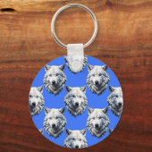 White Wolf Head Pattern Design Blauw Sleutelhanger (Achterkant)