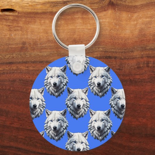 White Wolf Head Pattern Design Blauw Sleutelhanger (Achterkant)
