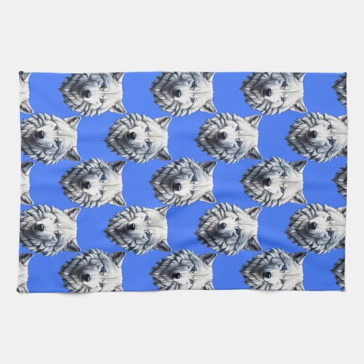 White Wolf Head Pattern Design Blauw Theedoek (Horizontaal)