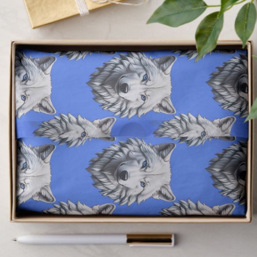 White Wolf Head Pattern Design Blauw Tissuepapier