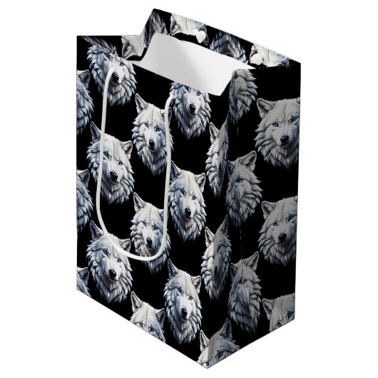 White Wolf Head Pattern Design Medium Cadeauzakje (Voorkant Gekanteld)