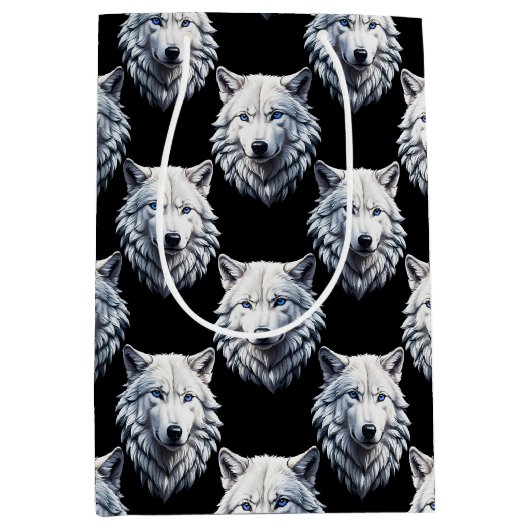 White Wolf Head Pattern Design Medium Cadeauzakje (Voorkant)