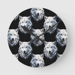 White Wolf Head Pattern Design Ronde Klok