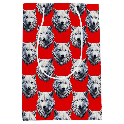 White Wolf Head Pattern Design - Rood Medium Cadeauzakje (Voorkant)