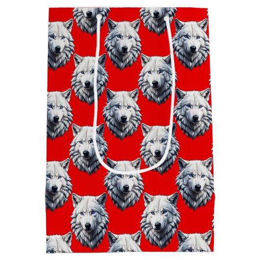 White Wolf Head Pattern Design - Rood Medium Cadeauzakje (Achterkant)