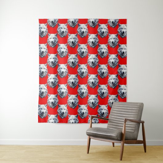 White Wolf Head Pattern Design - Rood Wandkleed (In situ)