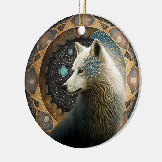 White Wolf Mandala Keramisch Ornament (Links)