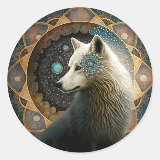 White Wolf Mandala Ronde Sticker (Voorkant)