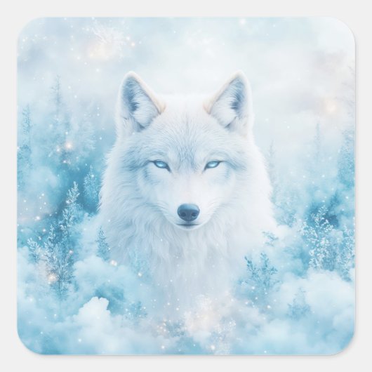 White Wolf Portrait with Blue Eyes in Snowy Forest Vierkante Sticker (Voorkant)