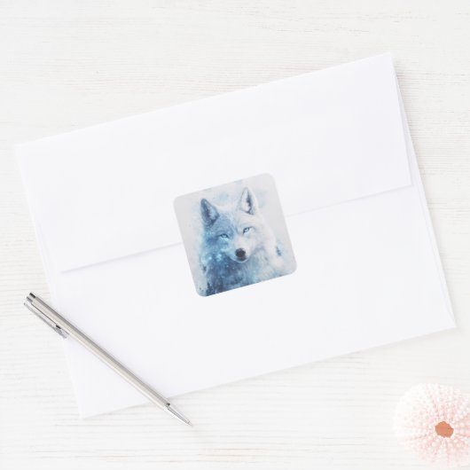 White Wolf Portrait with Piercing Blue Eyes Vierkante Sticker (Envelop)