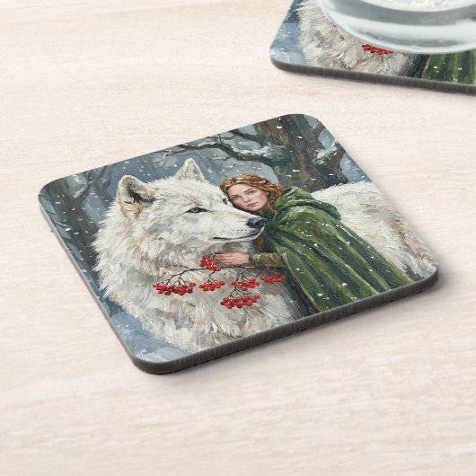 White Wolf Redhead Druid Winter Berries Fantasy Ar Bier Onderzetter (Linkerzijde)