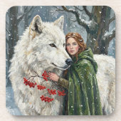 White Wolf Redhead Druid Winter Berries Fantasy Ar Bier Onderzetter (Voorkant)