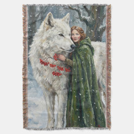 White Wolf Redhead Druid Winter Berries Fantasy Ar Deken