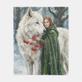 White Wolf Redhead Druid Winter Berries Fantasy Ar Fleece Deken (Voorkant)