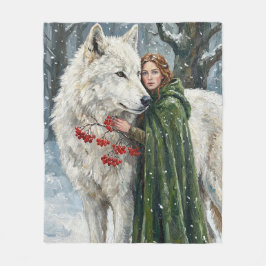 White Wolf Redhead Druid Winter Berries Fantasy Ar Fleece Deken
