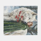 White Wolf Redhead Druid Winter Berries Fantasy Ar Fleece Deken (Voorkant (Horizontaal))