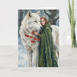White Wolf Redhead Druid Winter Berries Fantasy Ar Kaart