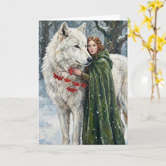 White Wolf Redhead Druid Winter Berries Fantasy Ar Kaart (Gele Bloem)