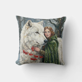 White Wolf Redhead Druid Winter Berries Fantasy Ar Kussen