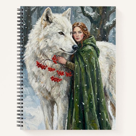 White Wolf Redhead Druid Winter Berries Fantasy Ar Notitieboek (Voorkant)