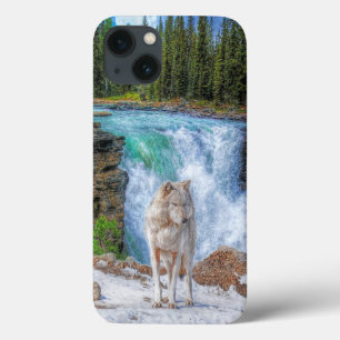 White Wolf & Rocky Mountain Waterfall Wildlife Art iPhone 13 Hoesje