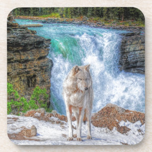 White Wolf & Rocky Mountain Waterfall Wildlife Art Onderzetter