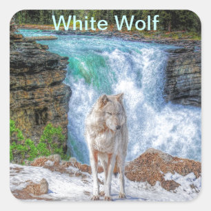White Wolf & Rocky Mountain Waterfall Wildlife Art Vierkante Sticker