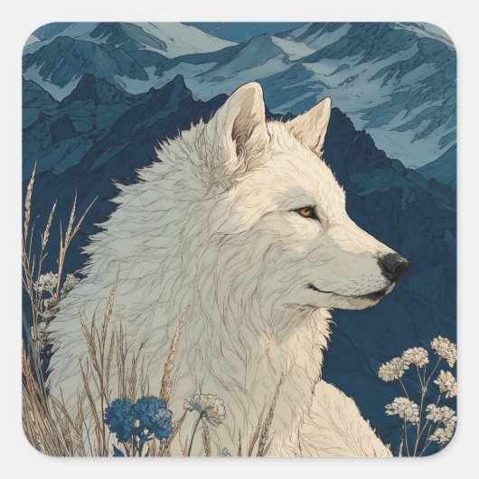 White Wolf with Blue Flowers and Snowy Mountains Vierkante Sticker (Voorkant)