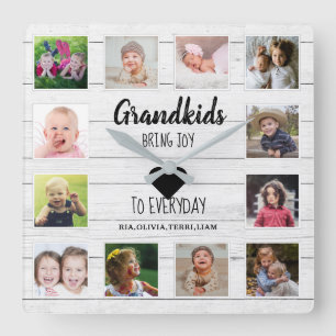 White Wood 12 Photo Collage Grandchildren Quote Vierkante Klok