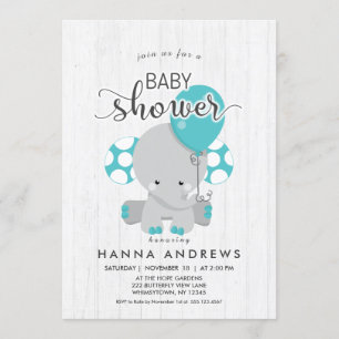 White Wood Blauwgroen Olifant Baby shower Invitati Kaart