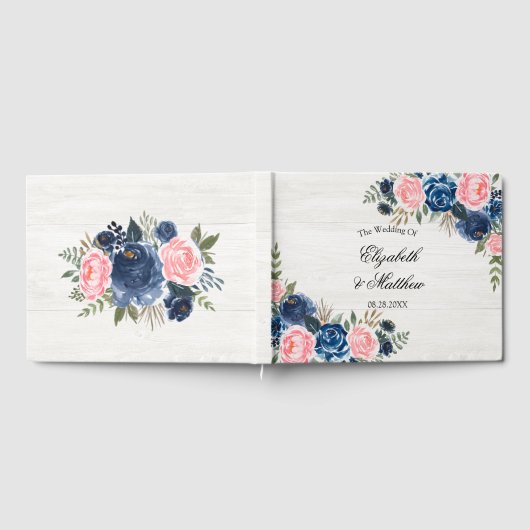 White Wood Blush Pink Navy Blue Peony Wedding Gastenboek (Volledig)