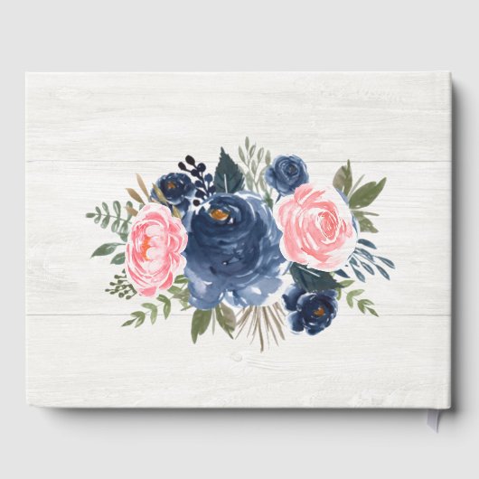 White Wood Blush Pink Navy Blue Peony Wedding Gastenboek (Achterkant)