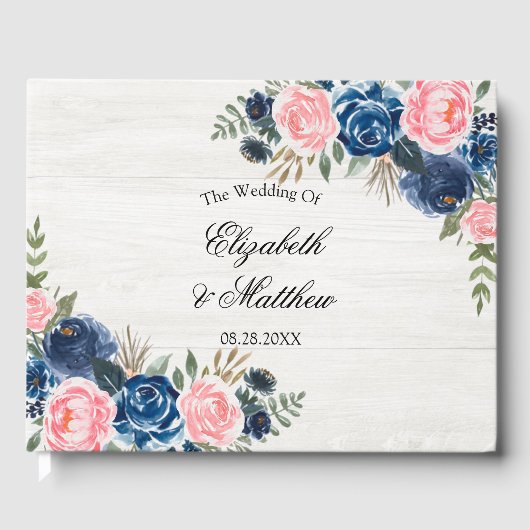White Wood Blush Pink Navy Blue Peony Wedding Gastenboek (Voorkant)