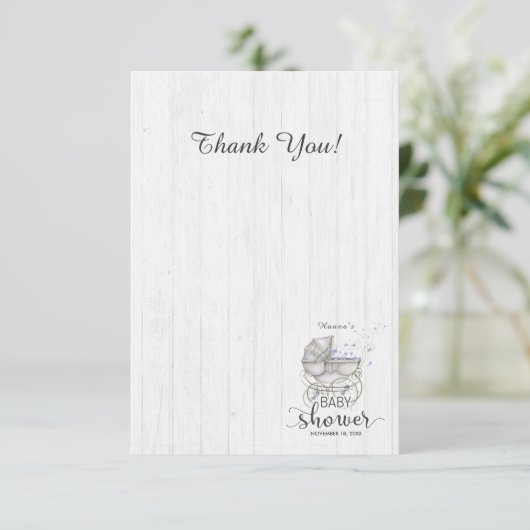White Wood & Carriage Boy Baby shower Dank u Bedankkaart (Staand voorkant)